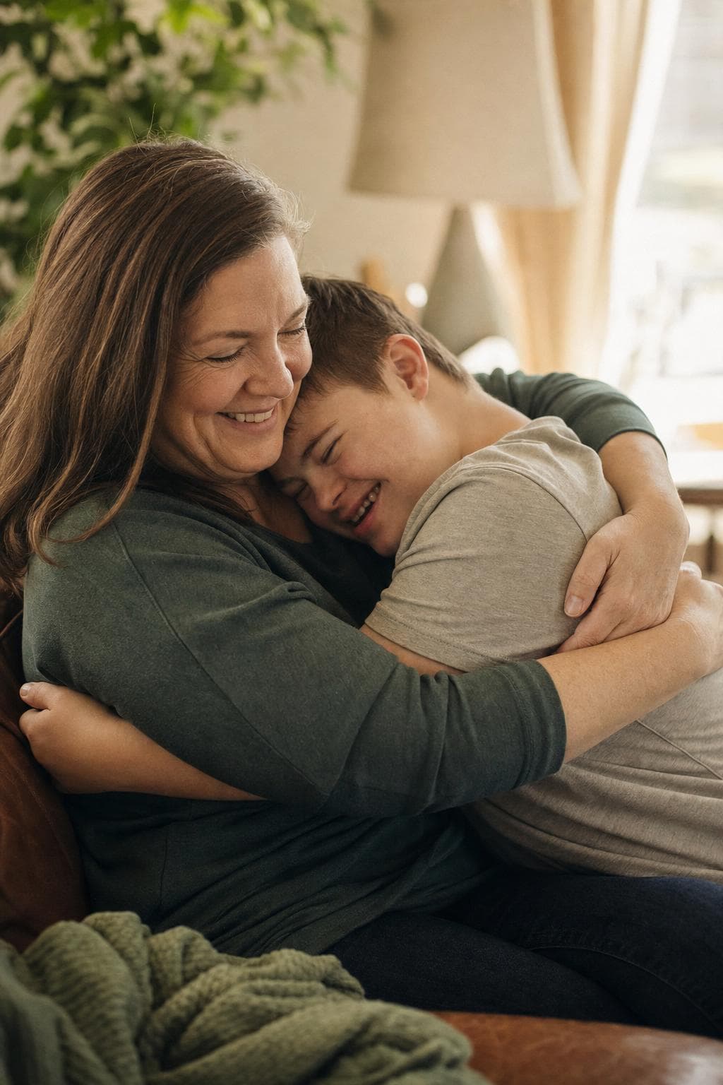 A mother holds her teenage son close on the couch; both have their eyes closed, smiling.