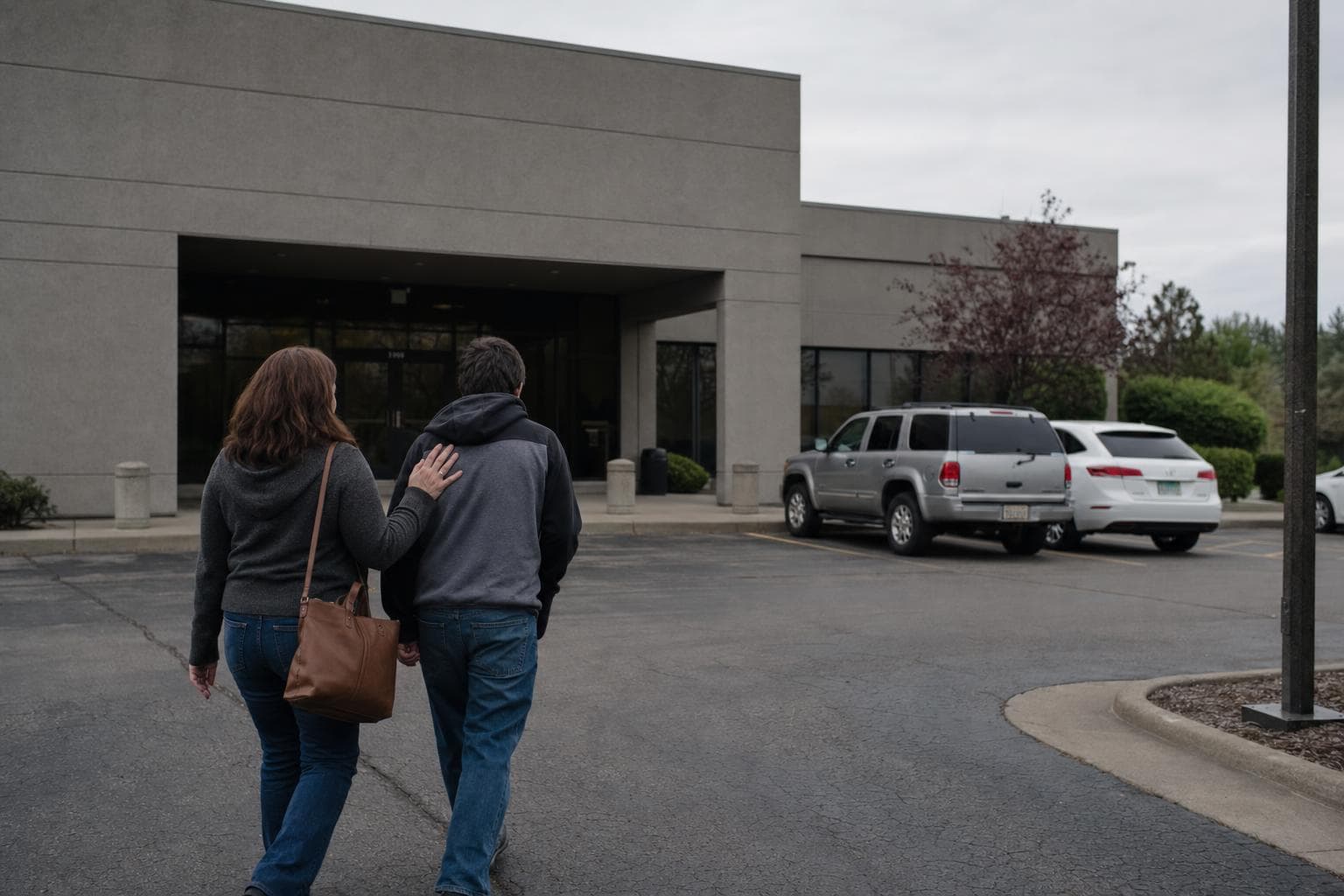 A mother walks beside her adult son toward an office building, her hand on his shoulder.
