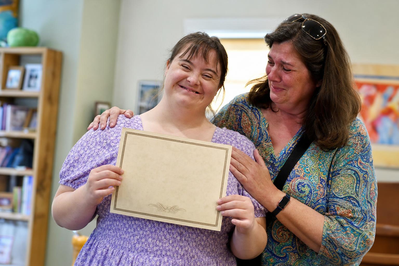 A young woman with Down syndrome beams holding an achievement certificate, embraced by her proud mother.